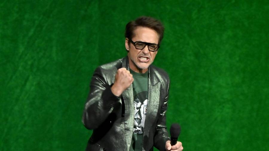 LAS VEGAS, NEVADA - APRIL 16: Robert Downey Jr. speaks during CinemaCon 2026 - Walt Disney Studios Invites you to its 2026 presentation highlighting its upcoming release schedule at The Dolby Colosseum at Caesars Palace during CinemaCon, the official convention of Cinema United, on April 16, 2026, in Las Vegas, Nevada. (Photo by David Becker/Getty Images for CinemaCon)