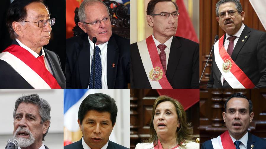 Arriba: al presidente interino de Perú José María Balcázar y a los expresidentes de Perú, Pedro Pablo Kuczynski, Martín Vizcarra, Manuel Merino. Abajo: Francisco Sagasti, Pedro Castillo, Dina Boluarte y José Jerí.