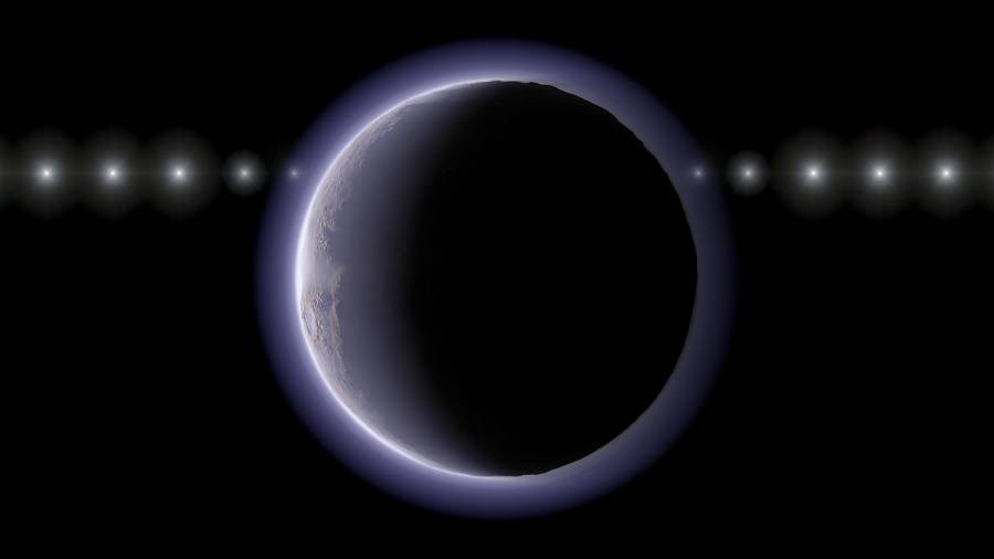 Una representacióndel objeto transneptuniano 2002 XV93 ocultando una estrella de fondo.