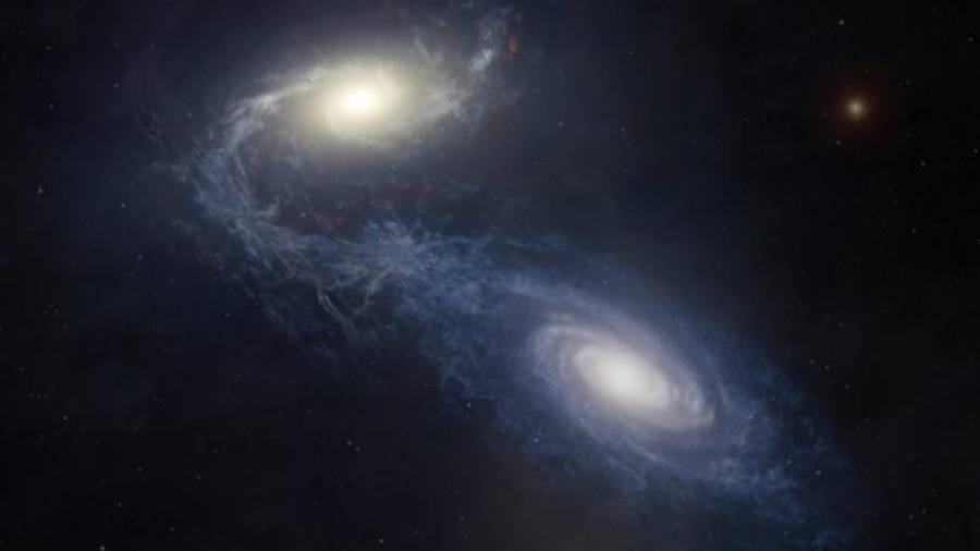 Ilustración de la galaxia espiral gigante NGC 1365 que colisiona y se fusiona con una galaxia compañera más pequeña, lo que provoca la formación de estrellas y la redistribución de gas y elementos pesados.
