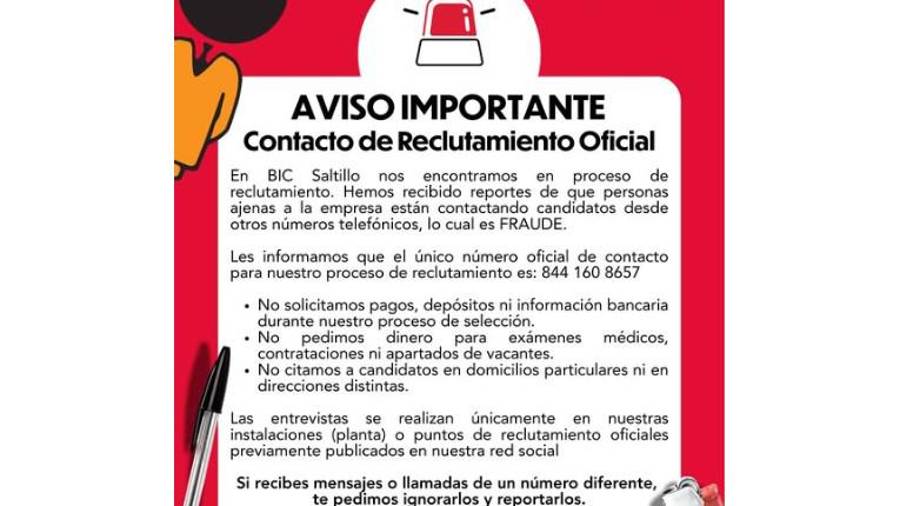 BIC Saltillo alertó sobre falsos reclutadores que contactan a aspirantes desde números no oficiales.