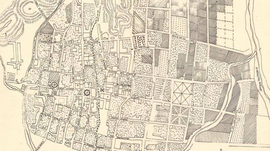 Plano antiguo de la Villa de Saltillo y del Pueblo de San Esteban de la Nueva Tlaxcala durante el siglo XVIII.