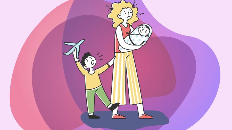 Tired young mother with two children flat vector illustration. Young woman exhausted under life routine. Kids crying. Family and lifestyle concept