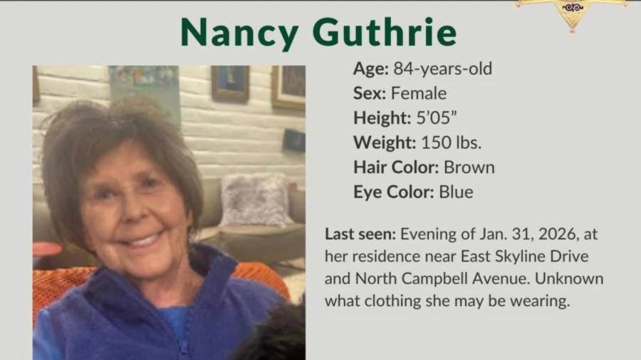Esta imagen deel lunes 2 de febrero de 2026, se muestra una alerta de persona desaparecida para Nancy Guthrie.