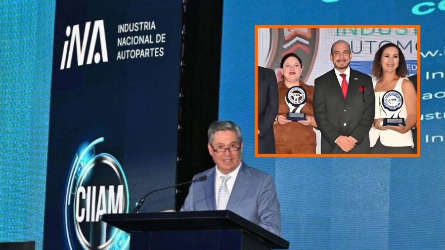 Juan Carlos López Villarreal clausuró el evento; a la izquierda del recuadro, Mariela Hernández, gerente general de la Planta de Saltillo de Martinrea, y a la derecha, Marcela Barreiro, presidenta y CEO de Daimler Truck México.