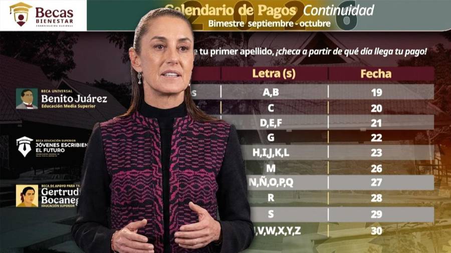 Los depósitos de las becas Benito Juárez, Jóvenes Escribiendo el Futuro y Gertrudis Bocanegra comienzan el 19 de octubre. Los estudiantes de nuevo ingreso recibirán sus tarjetas bancarias en noviembre y diciembre.