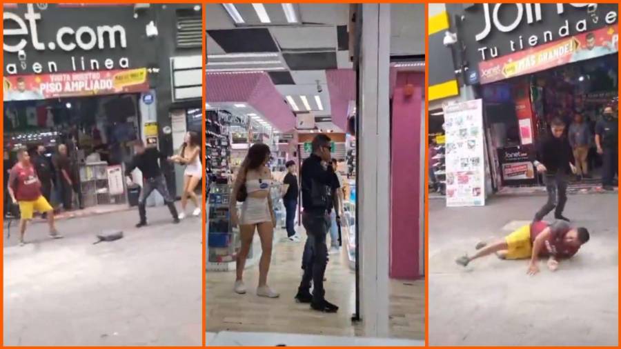 El actor paseaba con su pareja Caroline Marín, a quien se puede ver intentando prevenir el conflicto.