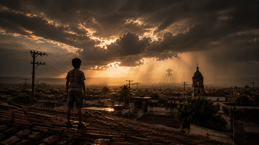 Desde lo alto, se contempla la ciudad mientras la amenaza extraterrestre parece materializarse en el horizonte.