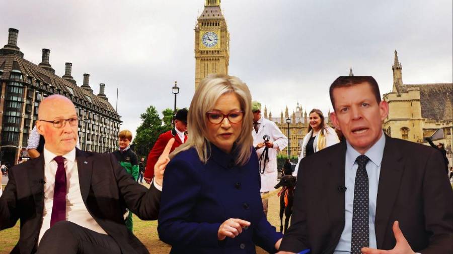 De izquierda a derecha, John Swinney, primer ministro de Escocia; Michelle O’Neill, primera ministra de Irlanda del Norte; Rhun ap Iowerth, primer ministro de Gales.