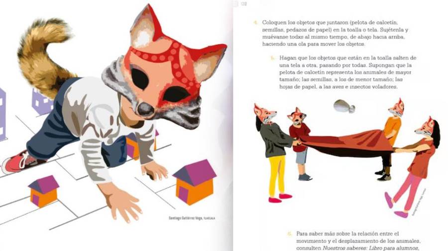 Ilustraciones de estudiantes con máscaras de animales en libros de la SEP desataron debate en redes sociales.