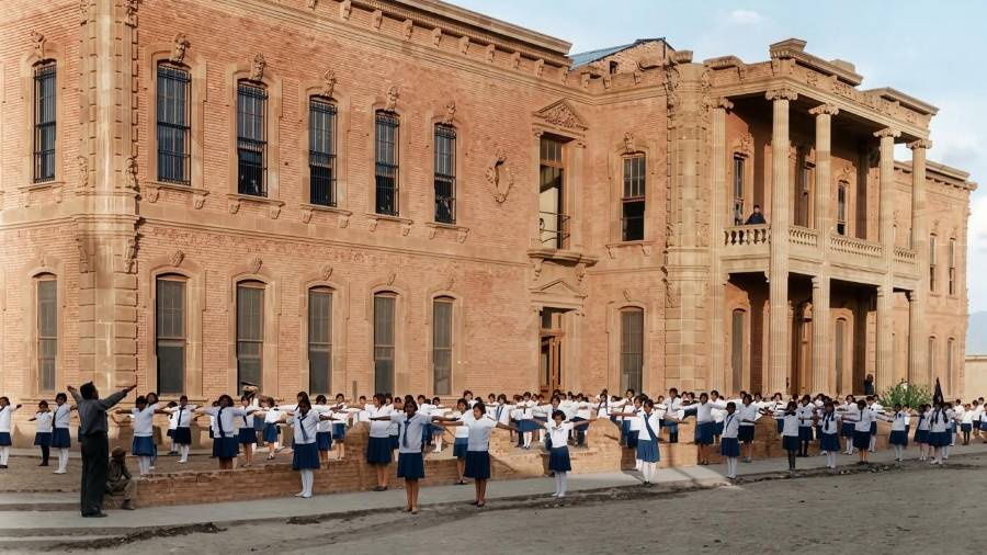Alumnos de la Escuela Miguel López en una clase de educación física en 1925.