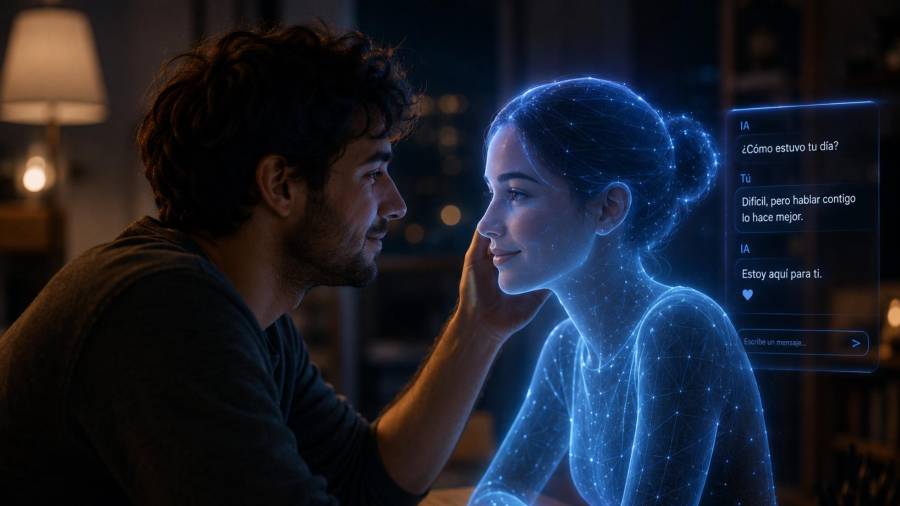 Imagen creada a través la inteligencia artificial que representa una relación de paareja entre un hombre y una IA.