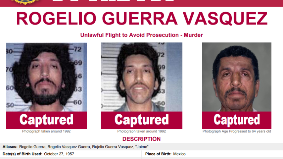 Rogelio Guerra Vásquez fue detenido en México después de permanecer prófugo durante 29 años. El FBI difundió fotografías y una proyección de edad como parte de la búsqueda.
