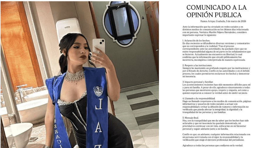 Verónica Nájera Hernández difundió un comunicado en el que asegura que su inocencia quedó demostrada tras el proceso realizado por las autoridades, luego de haber sido detenida el pasado 2 de marzo.