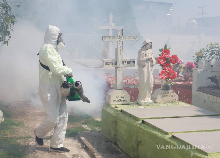 $!Personal de Salud Pública realiza fumigaciones en el Panteón San Esteban, donde se identificaron varios puntos de agua estancada propicios para la reproducción del mosquito del dengue.