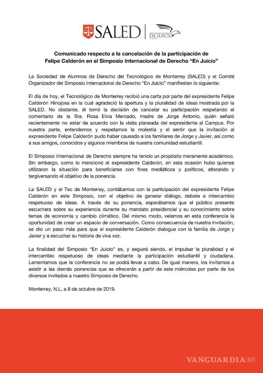 $!Cancela Felipe Calderón participación en Simposio del Tec de Monterrey; organizadores buscaban un 'diálogo e intercambio de ideas'