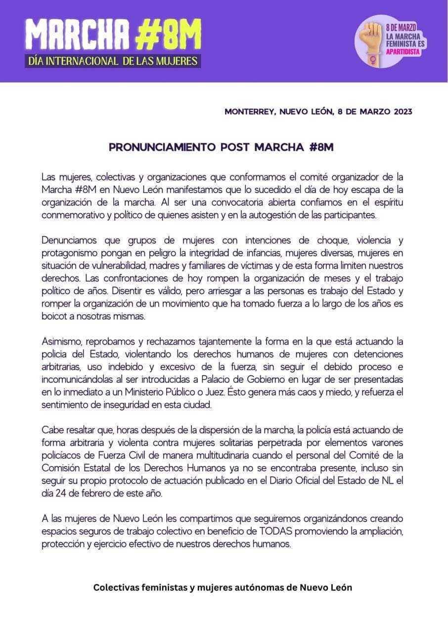 $!Comunicado oficial de colectivas feministas y mujeres autónomas de Nuevo León con respecto a los disturbios que obstaculizaron la marcha de 8m
