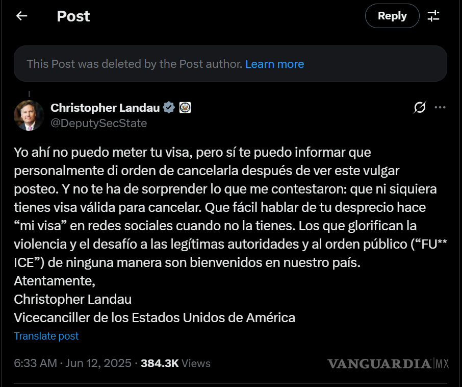 $!Christopher Landau cancela visa a Melissa Cornejo, consejera de Morena tras publicación sobre manifestaciones