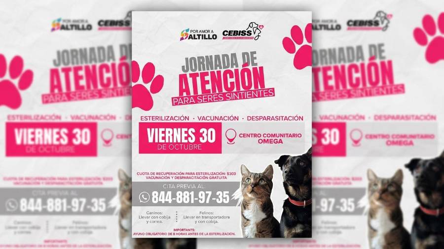 La jornada ofrecerá servicios de esterilización, vacunación y desparasitación para caninos y felinos en la colonia Omega.