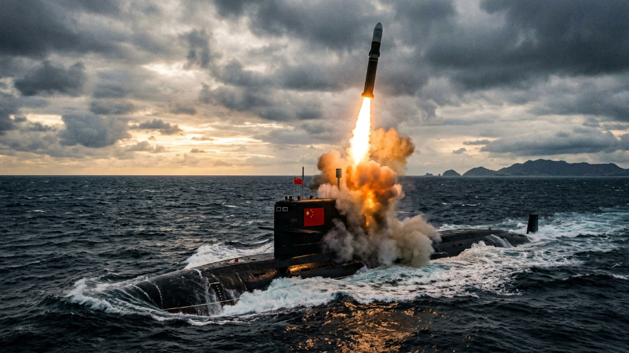 Lanzamiento simulado de un misil balístico JL-3 desde un submarino nuclear de la Armada del Ejército Popular de Liberación (PLA) de China en alta mar. Este tipo de pruebas, como la realizada recientemente en el océano Pacífico, ha generado preocupación internacional.