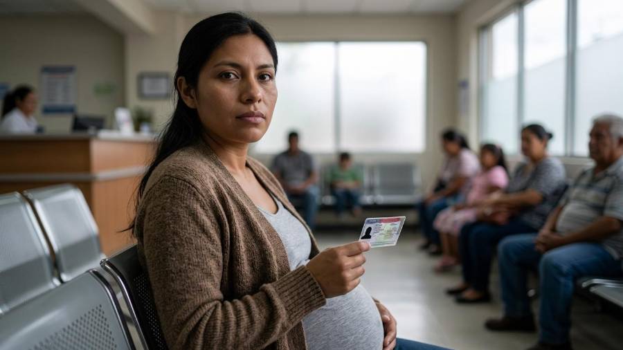 Una mujer embarazada sostiene una pequeña visa en una clínica fronteriza, reflexionando sobre las nuevas políticas.
