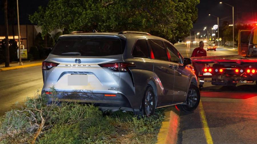La camioneta Toyota Sienna derribó un pequeño árbol durante el accidente.