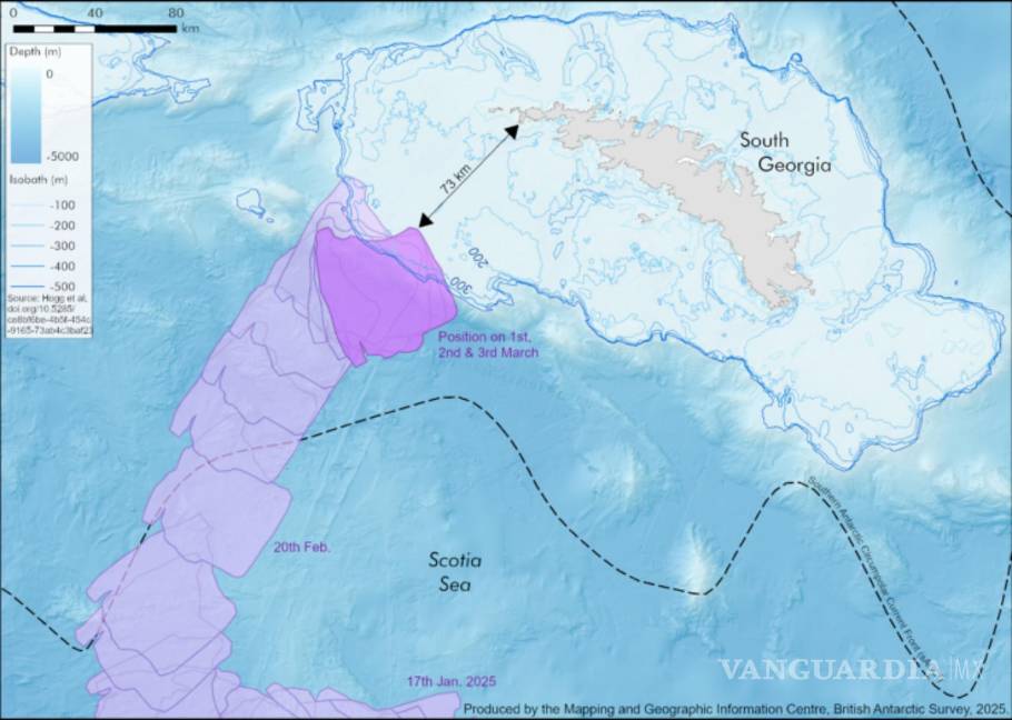 $!Este gráfico muestra la ruta que ha seguido el iceberg A23a desde el 17 de enero de 2025 y que ha permanecido estático desde el 1 de marzo.