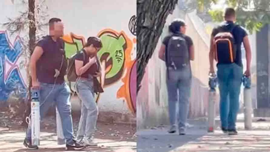 Las imágenes muestran a una joven pareja caminando con sus bebés recién nacidos; sin embargo, pese a la tierna escena, transportan tanques de oxígeno.
