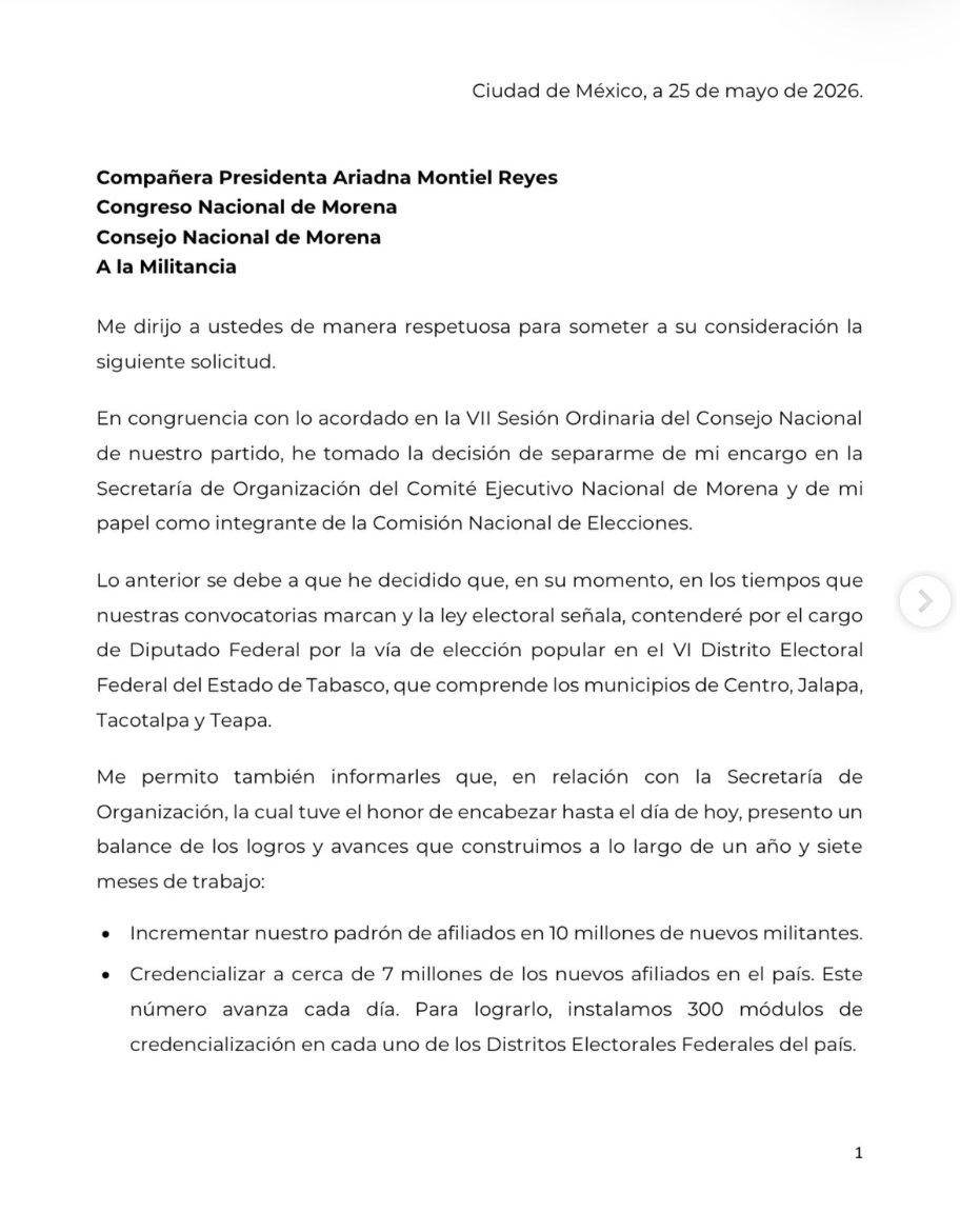 $!Andrés López Beltrán deja cargo en Morena para buscar diputación federal por Tabasco