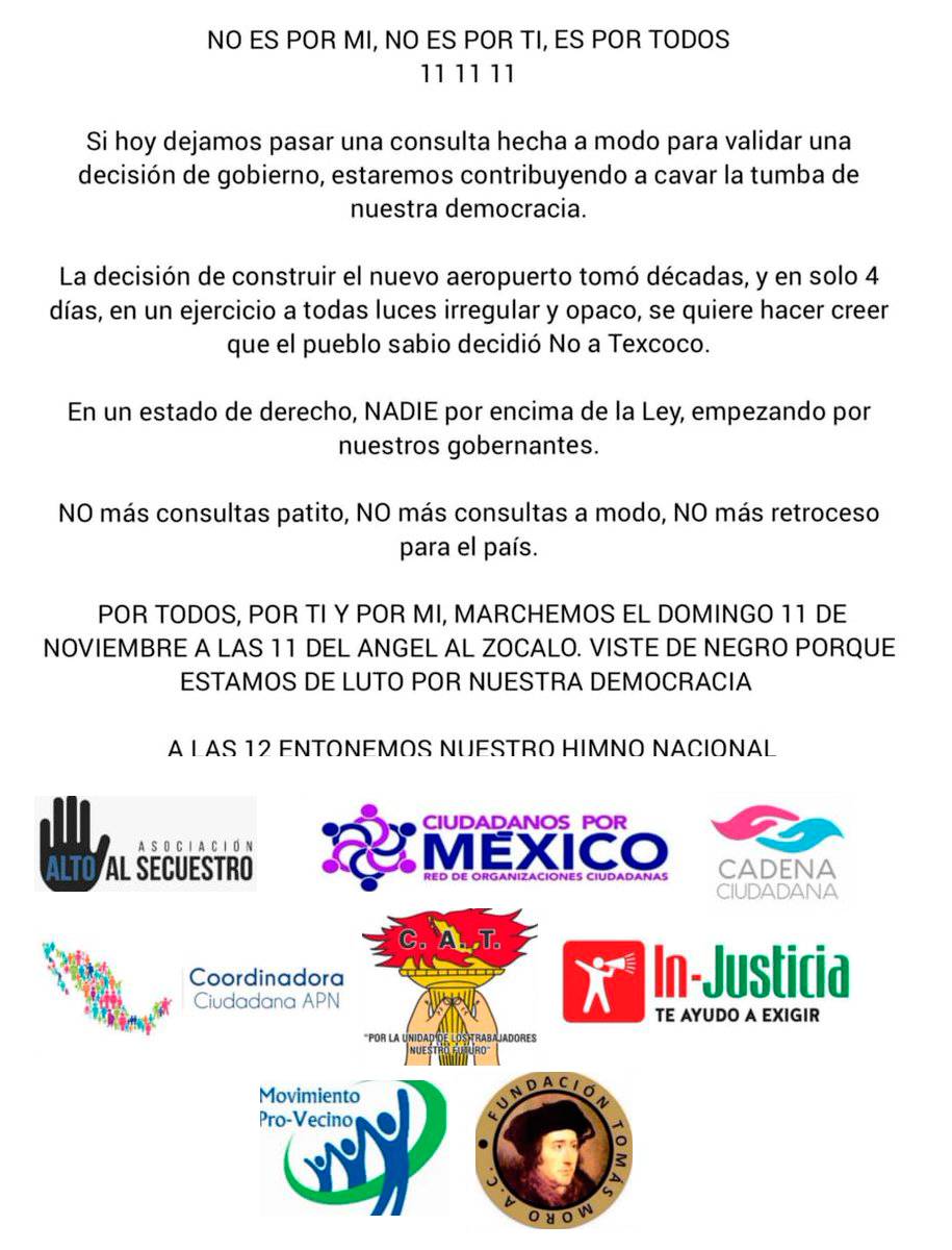 $!Marcha 11-11-11 es en contra de 'consultas a modo' de AMLO, no a favor del NAIM: Organizadores