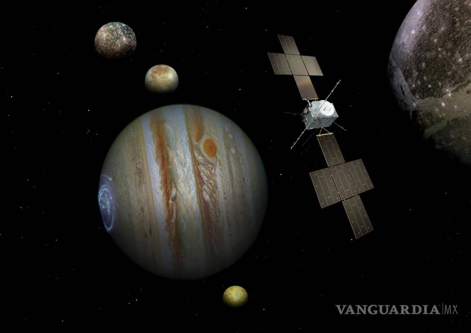 $!La misión Juice explorará Júpiter y sus lunas, incluida Europa (segunda luna, de izq. a der.)