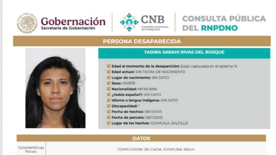 La consulta pública del Registro Nacional de Personas Desaparecidas y No Localizadas mantiene activa la ficha de Yadira Sarahi, quien se presentó por un trámite de CURP.