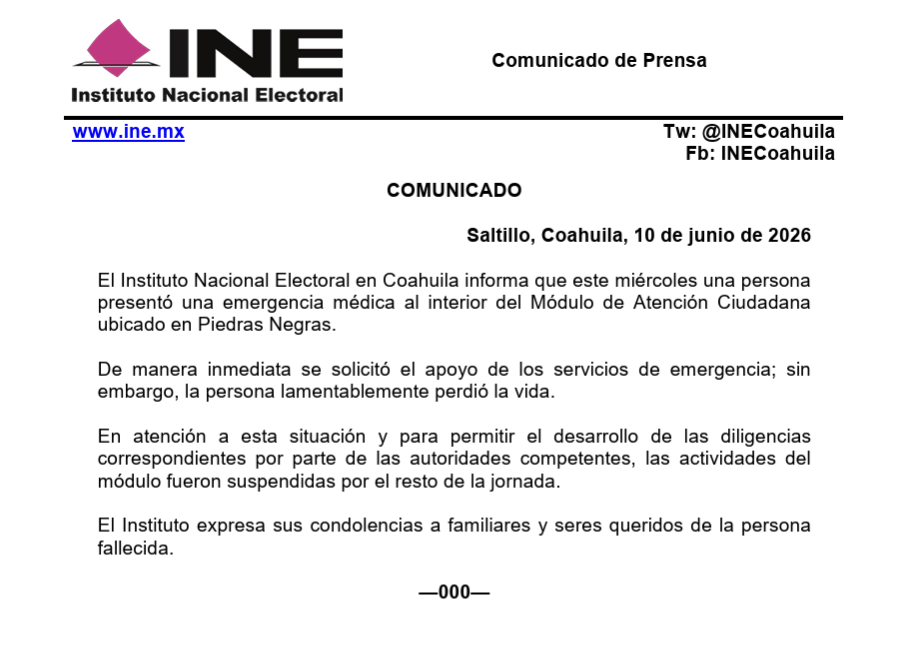 $!El organismo electoral expresó mediante un comunicado sus condolencias a familiares y seres queridos de la persona fallecida.