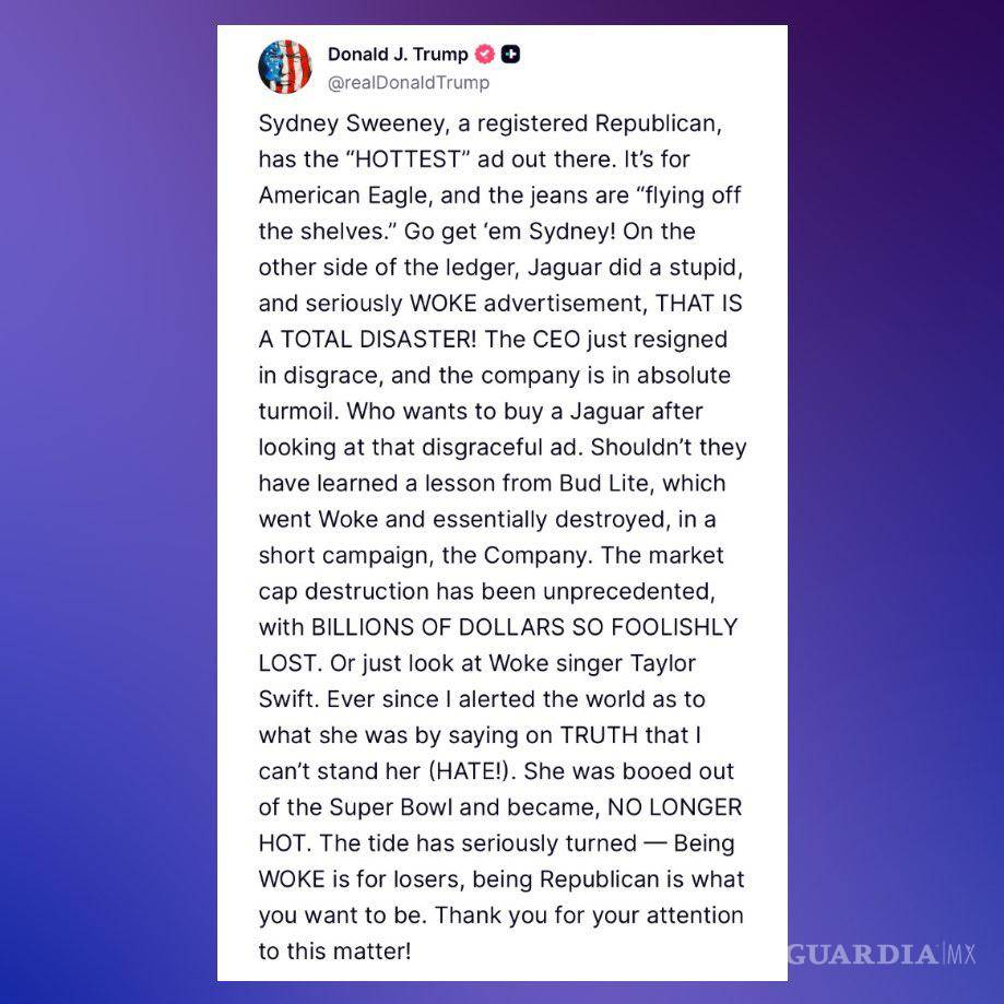 $!Donald Trump expresó su apoyo a la actriz y criticó la publicidad progresista de otras marcas.