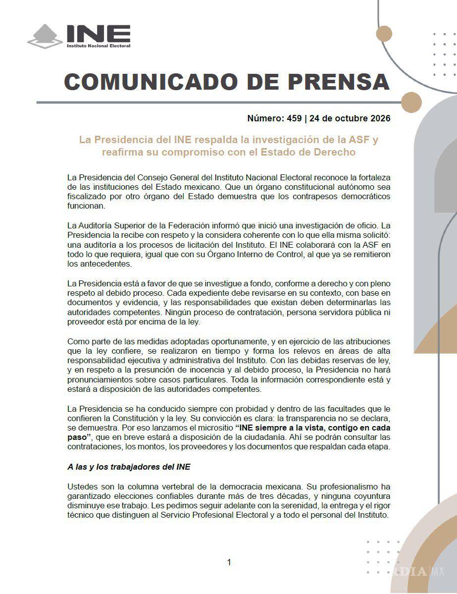 $!Comunicado de prensa del INE sobre las investigaciones por el uso del dinero público.