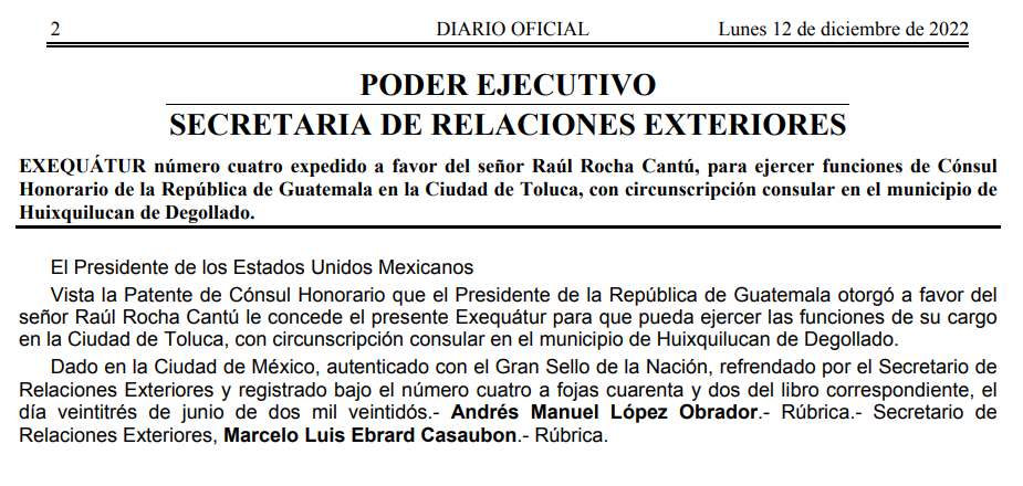 $!SRE cancela exequátur de Raúl Rocha Cantú como cónsul honorario de Guatemala en Toluca