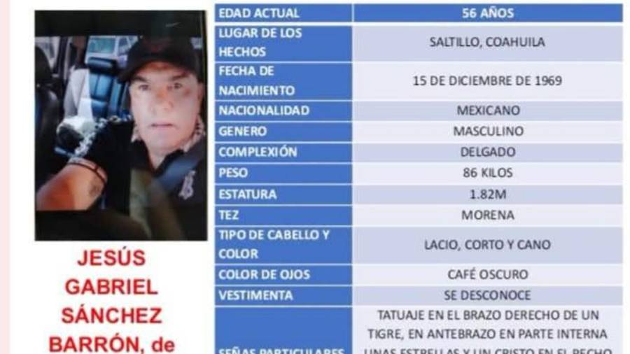 La Fiscalía difundió la ficha de búsqueda de Jesús Gabriel Sánchez Barrón y pidió a la población reportar cualquier dato que ayude a localizarlo.