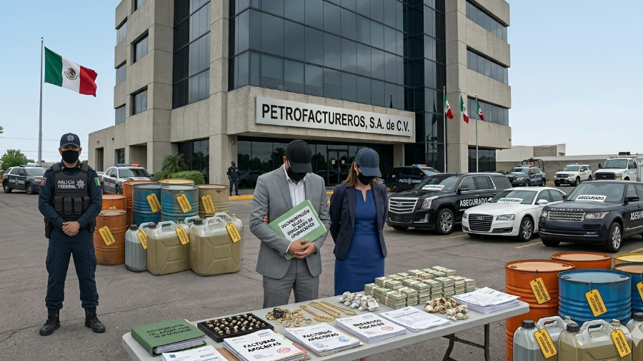 (ES UNA IMAGEN CREADA CON INTELIGENCIA ARTIFICIAL) Autoridades desmantelaron a los ‘Petrofactureros’, red que simulaba operaciones para ‘blanquear’ combustible ilegal.