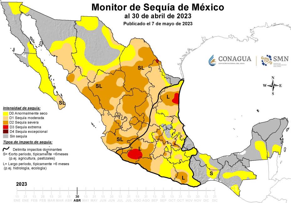 $!Así se ve el mapa de sequía en el país, hay zonas que sobre todo en el sureste y en noroeste que no tienen sequía.