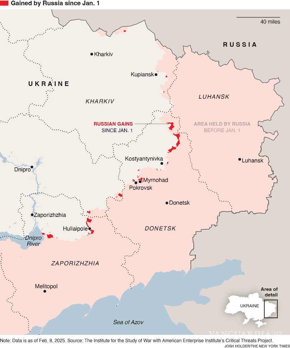 $!El mapa muestra, en rojo, el territorio ganado por Rusia, y el territorio ganado por Ucrania, en azul, desde el 1 de enero. El color rosa muestra el territorio controlado por Rusia