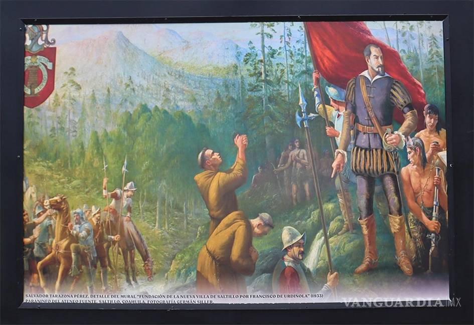 $!“Fundación de Saltillo”, obra de Tarazona que recrea el origen de la ciudad mediante escenas simbólicas y paisajísticas.