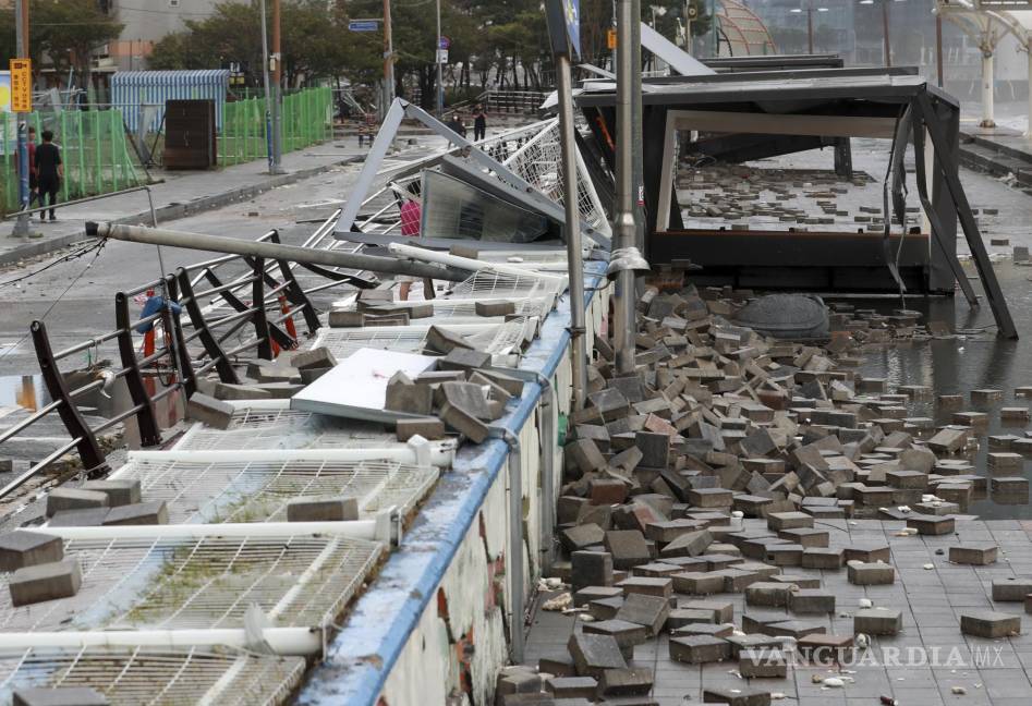 $!Los escombros causados por el tifón Hinnamnor se dejan en un parque frente al mar en Busan, Corea del Sur.