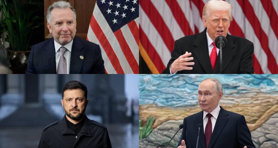 (Arriba i y d.), Steve Witkoff principal autor del plan de Paz para Ucrania y Donald Trump mandatario estadounidense. (Abajo iy d.) Volodímir Zelenski presidente ucraniano y su homólogo Vladímir Putin.