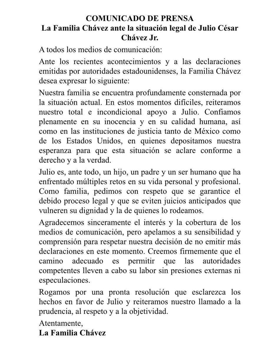$!Julio César Chávez padre posteó en su cuenta de X un comunicado de parte de su familia sobre el arresto del júnior.