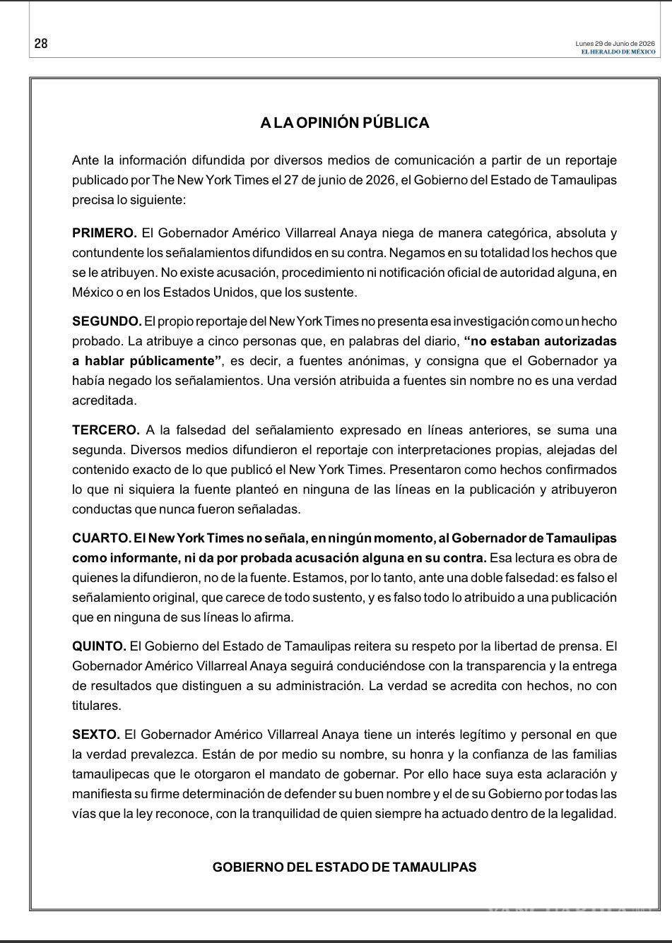 $!Gobierno de Tamaulipas rechaza señalamientos contra Américo Villarreal; Sheinbaum cuestiona reportaje del NYT