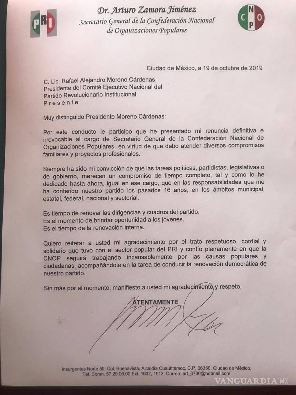 $!Desbandada en el PRI Nacional; ahora renuncia Arturo Zamora a dirigencia de la CNOP