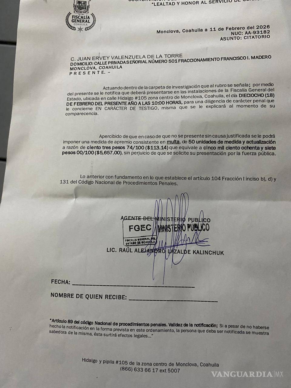 $!El citatorio no especifica quién promueve la denuncia ni los hechos investigados.