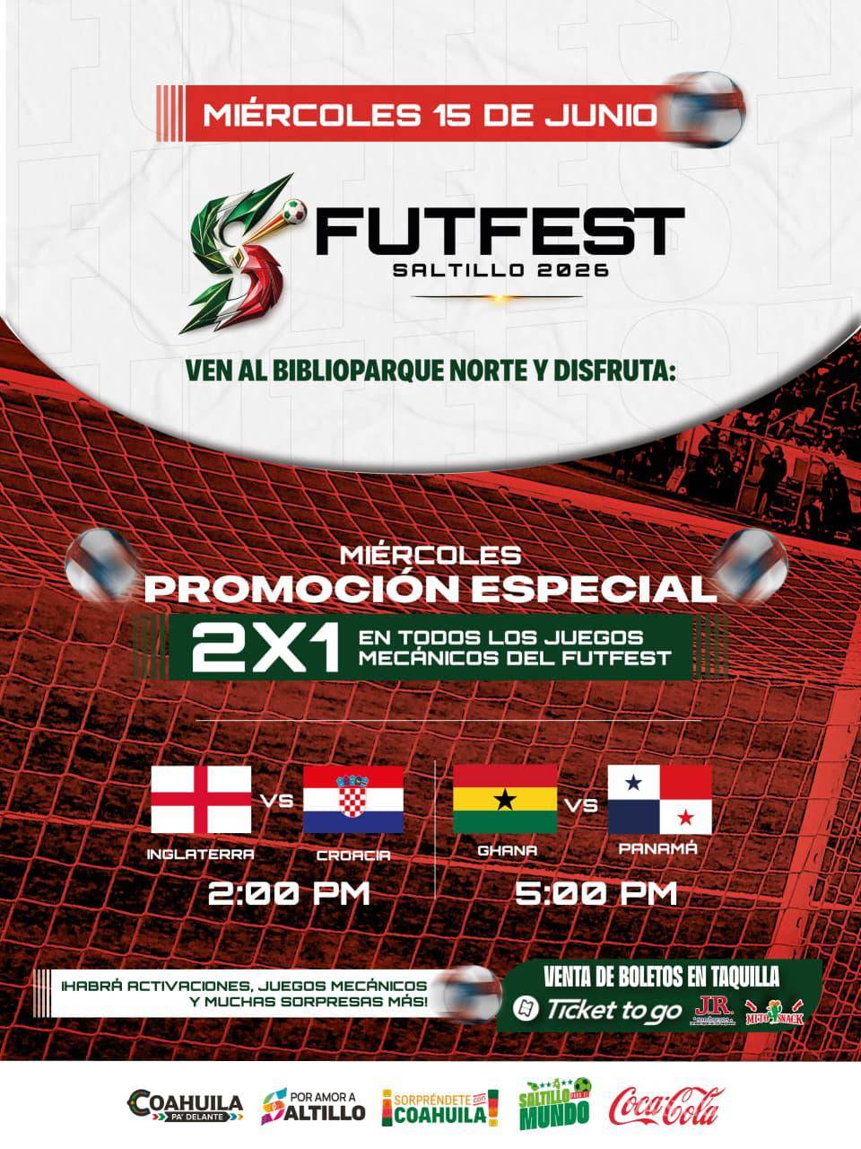$!Este miércoles, el FUTFEST Saltillo 2026 ofrecerá promoción 2x1 en todos los juegos mecánicos, además de la transmisión de los partidos Inglaterra vs Croacia y Ghana vs Panamá.