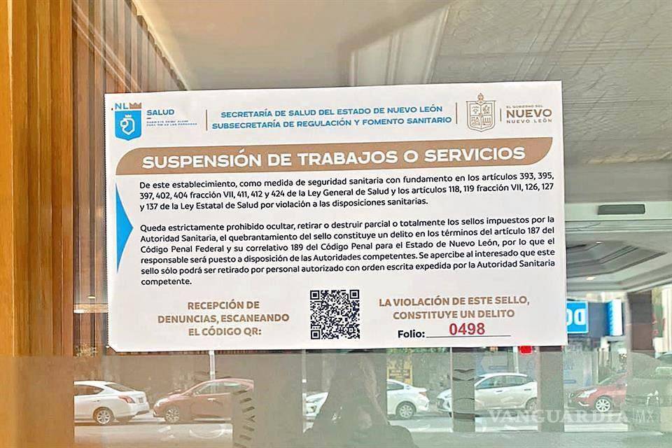 $!Secretaría de Salud de Nuevo León suspendieron temporalmente el área de restaurante del hotel.