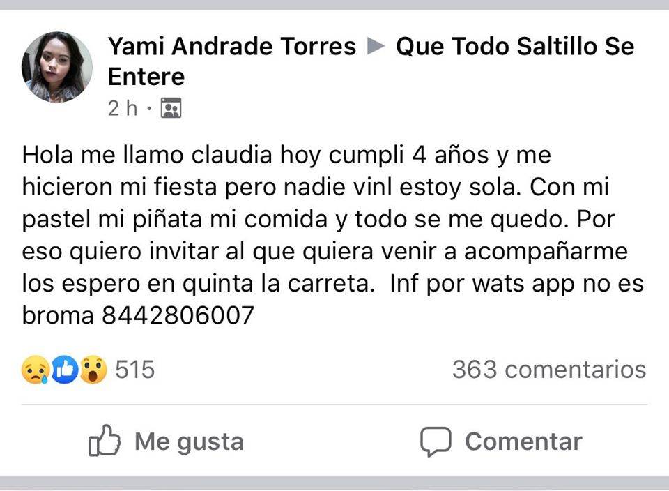 $!En Saltillo invitados 'plantan' a niña en su cumpleaños, usuarios se enteran y le llevan a 'Bely y Beto'